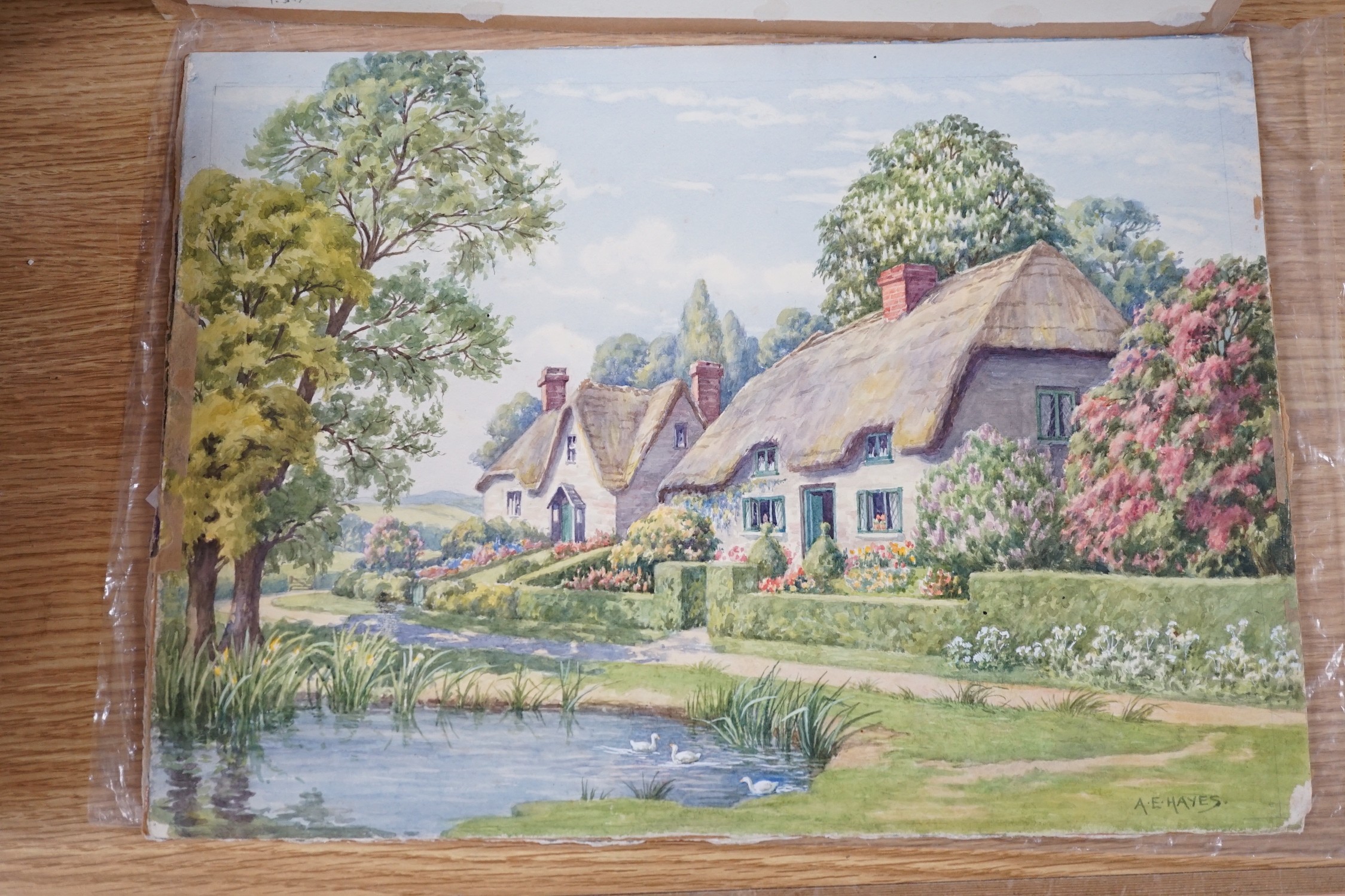 Albert Edward Hayes (1879-1968), three watercolours, original postcard designs of country cottages, signed, 28 x 40cm, unframed